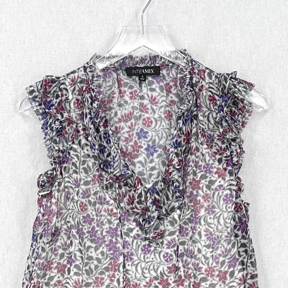 INTERMIX Dani Flutter Sleeve Top Women Small White Sheer Silk Floral Print Sheer - Picture 5 of 14